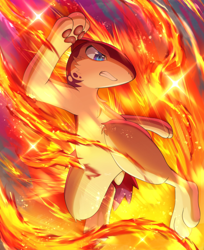 Blitz winding up for a flare blitz, surrounded in fire.