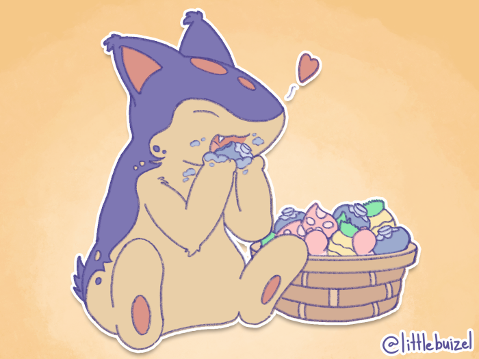 Blitz eating berries from a basket