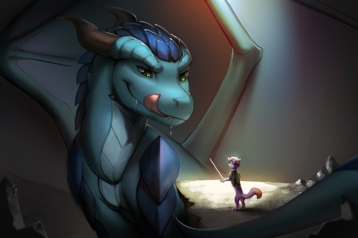 Blitz standing before a large dragon, with a sword, while the dragon licks its lips.
