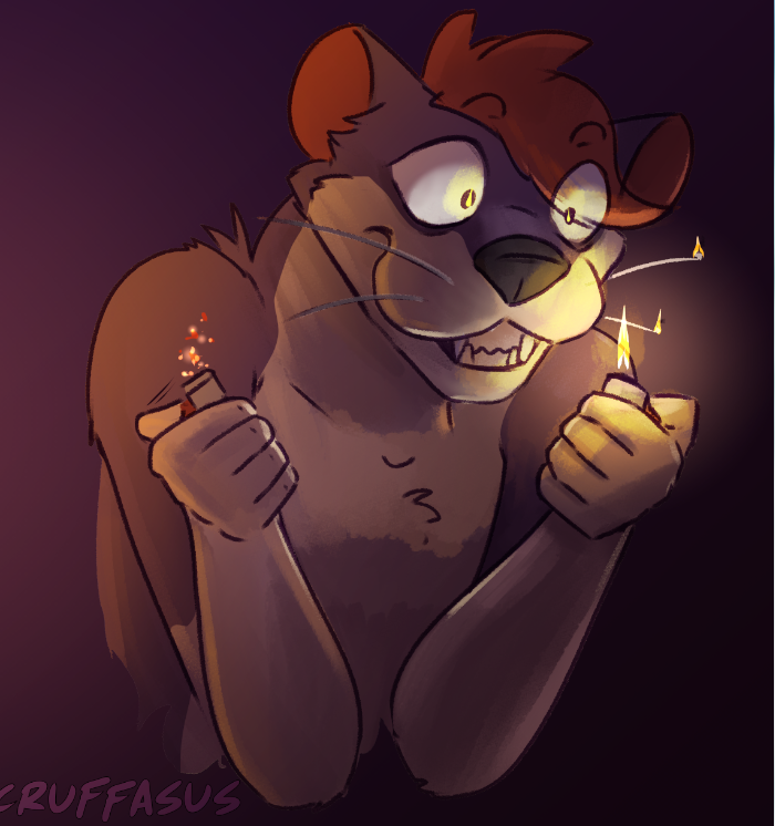 Blitz staring into a flame from a lighter he is holding.