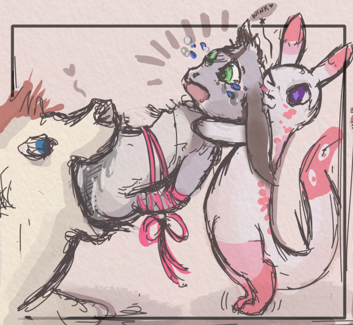 Blitz pinning a bird down with his full belly, and a scattered drooling feathers around him.