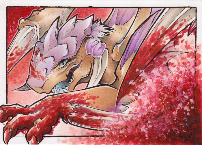 Drythkalt slashing through an enemy in a spray of blood.