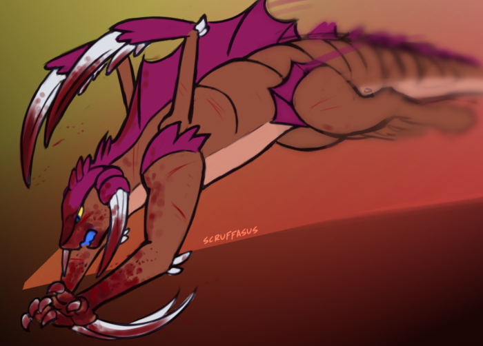 Drythkalt fresh from a fight, covered in blood.