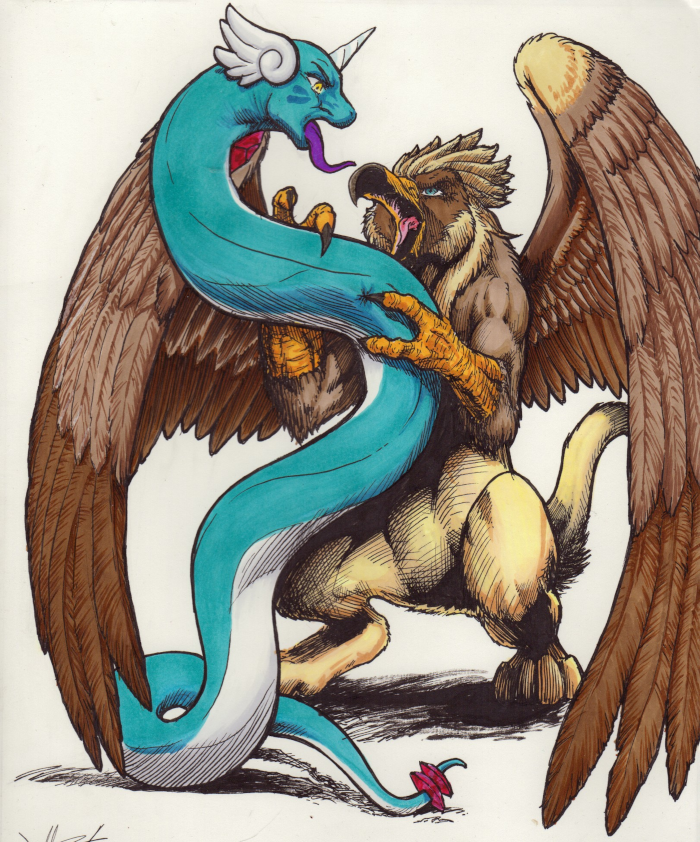 Gwini fighting against Serilde the gryphon.