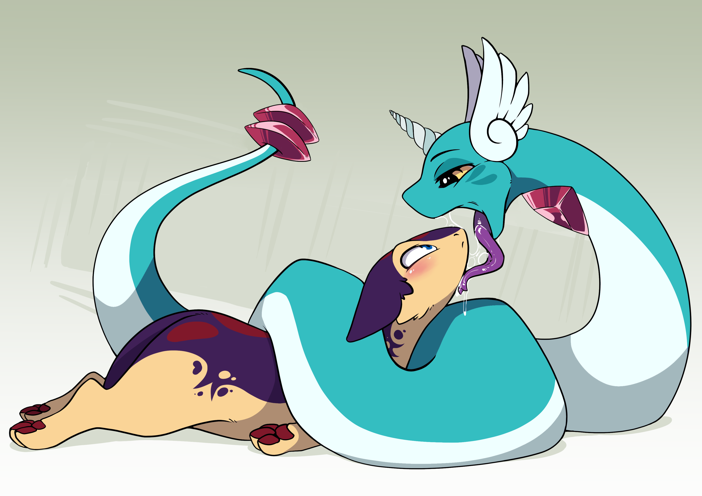 Gwini coiled around Blitz the quilava, and giving him a lick.