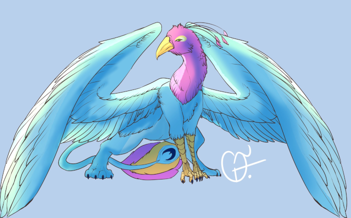 Gyro posing with his wings outspread.