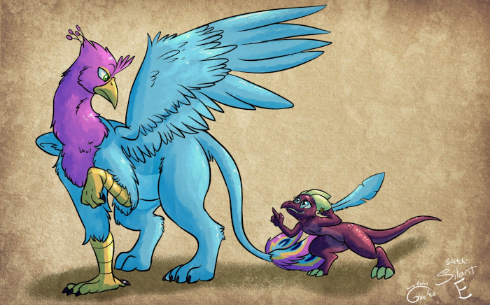 Gyro glaring down at Anji who has plucked one of his feathers.