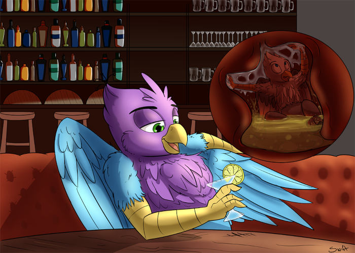 Gyro having a coctail, with a gryphon in his belly.