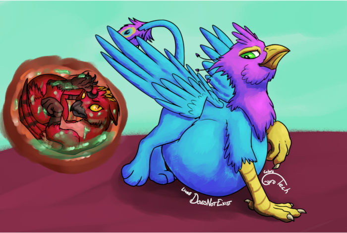 Gyro wandering around wiht a belly full of another gryphon.