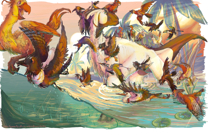 Gyro in a flock wiht a bunch of many other birds.