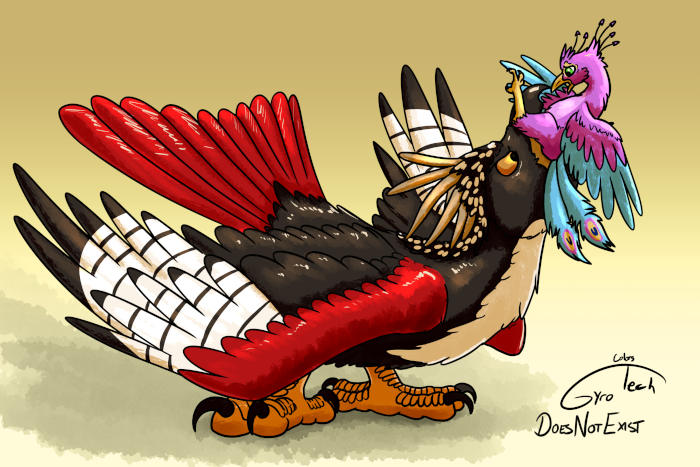 Gyro stuck in the beak of a larger bird.