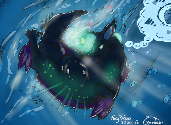 K'Aazast swimming underwater with a large meal.