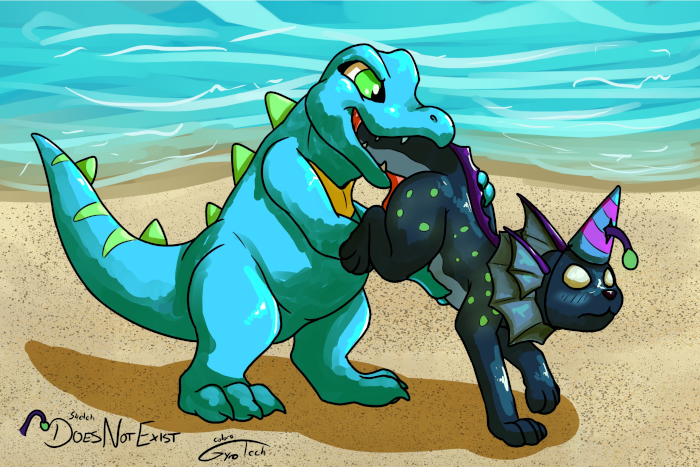 K'Aazast getting swallowed up by a totodile by his tail.