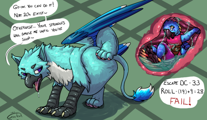 Ka'lam struggling to break free from a greedy gryphon's belly.