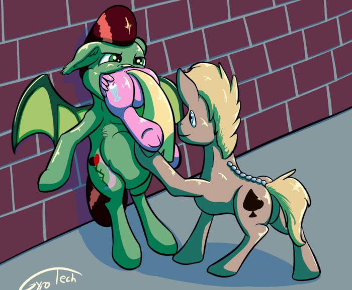 Lunar Rose being fed in a back alley by another pony.