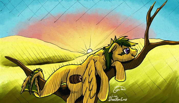 Lyjzet lying on a branch lazily, during a sunset.