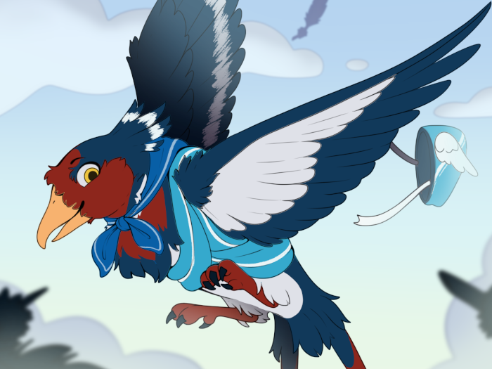 Mistral in her work outfit, as her hat flies away.