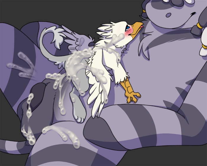 Ruzeth with a micro gryphon covered in cum on his belly.