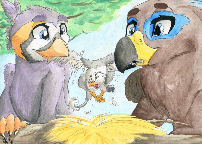 Ruzzy and Saewin tugging on a smaller gryphon's wing, playfully.