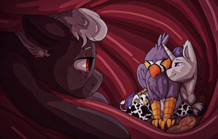 Ruzzy and another pony getting joined by another pony in a belly.