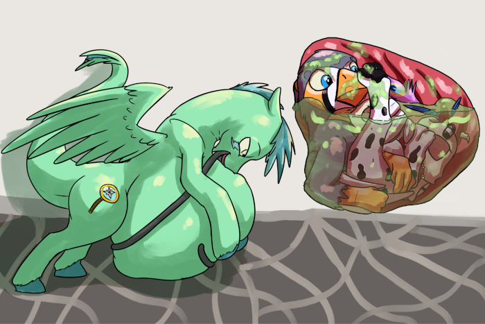 Ruzzy trapped in the belly of another pony.