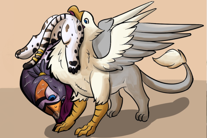 A gryphon in the process of swallowing up Ruzzy.