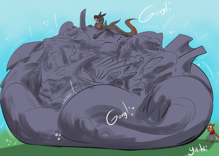 Saul having swallowed up a bunch of his trainer's legendary pokemon.