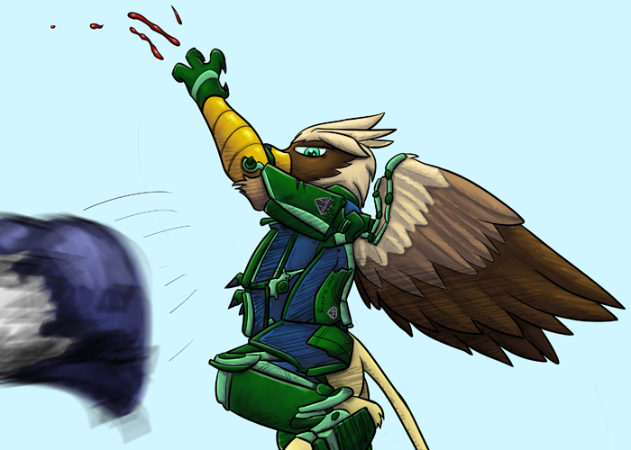 Serilde in an Exosuit Slashing a Pony