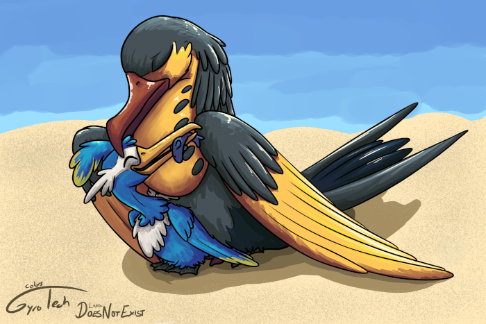 Skua tending to Thunk on a beach..