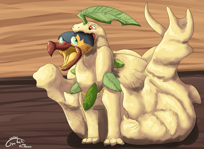 Skua getting gulped by a bayleef, with a bunch of other prey.