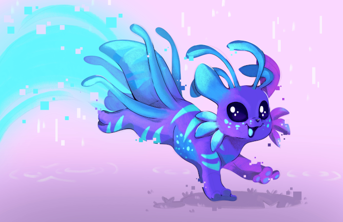 Yoku running and jumping along.