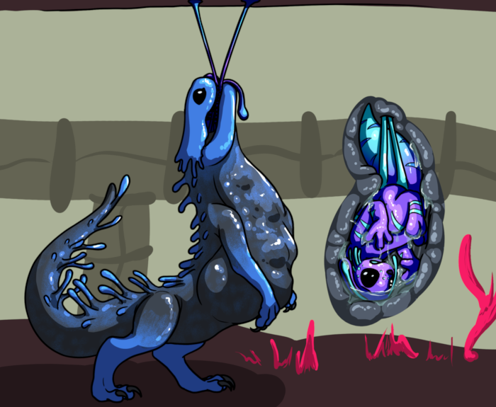 Yoku in the process of getting swallowed up by a blue lizard.