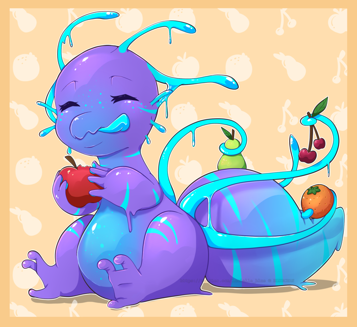 Yoku eating an apple while clutching other fruit in tentacles.